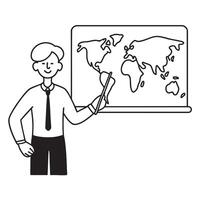 A teacher holding a pointer near a map on the wall vector
