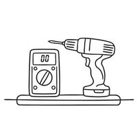 A test meter sitting beside a power drill on a bench vector