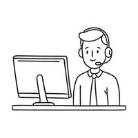 A telemarketer wearing a headset in front a computer monitor vector
