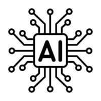 Minimal AI Chip with Circuit Lines, black and white illustration vector