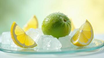 Lime and Lemon Wedges with Ice Cubes on a Glass Plate, Refreshing Still Life photo