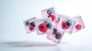 Floating Berry Infused Ice Cubes with Raspberries and Blueberries on Light Background photo