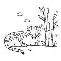 A tiger resting beside bamboo stalks on the ground vector