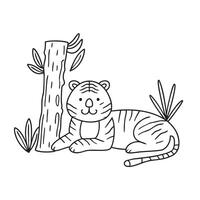 A tiger lying beside a tree trunk in the jungle vector