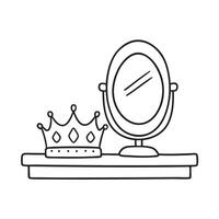 A tiara resting beside a hand mirror on a vanity table vector