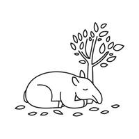 A tapir resting under a tree beside scattered leaves vector