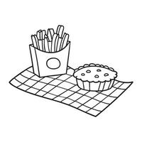 A tart next to a box of fries on a picnic mat vector