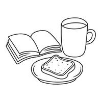 A toast in plate beside a mug and opened book vector