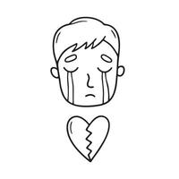 Tears dripping from man eyes beside a broken heart symbol vector