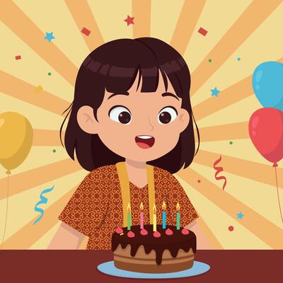 Happy Girl in Batik with Birthday Cake and Festive Background