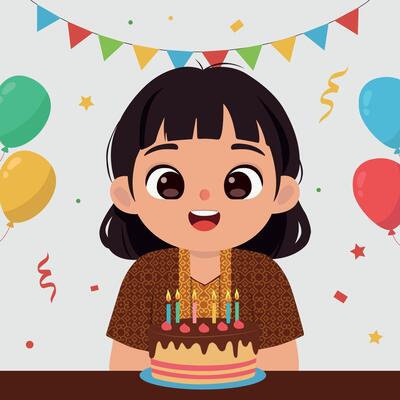 Cute Girl in Batik Outfit Celebrating Birthday with Party Cake