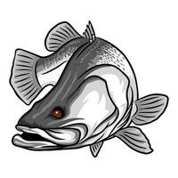 Illustration of a barramundi fish with its mouth slightly open, presented in a dynamic pose. The artwork showcases the fish's distinctive features and coloration in black and white vector