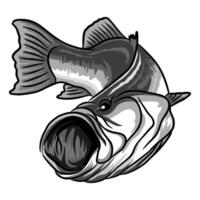 Dynamic illustration of a barramundi fish with its mouth agape, shown at a slight angle in black and white vector