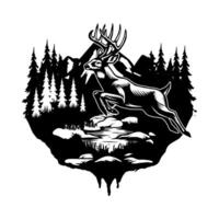 Black and white illustration of a deer with impressive antlers jumping across a rocky stream in a mountainous forest setting. vector