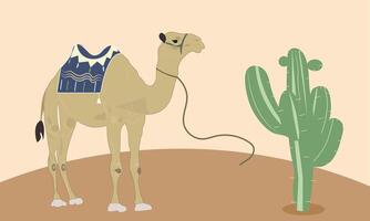 A Camel with Saddle and Green Wild Cactus in the Desert, Camel and Cactus in Desert Illustration . vector