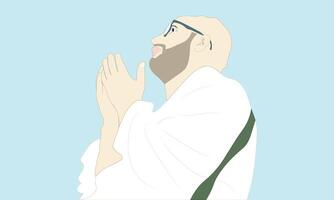 A Pilgrim Muslim Man Praying in Religious Devotion at Mecca in front of the Kaaba, Pilgrim . vector