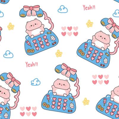 Seamless pattern of cute pig stay on classic retro telephone desk heart cloud and star background.Kid graphic.Bow,candy,bakery,cupcake,cookies hand drawn.Farm animal character cartoon.Kawaii