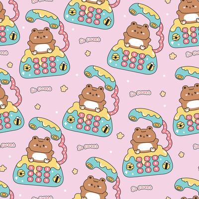 Seamless pattern of cute teddy bear stay on classic retro telephone desk with star pastel background.Bee and honeycomb.So sweet text.Wild animal character cartoon.Kawaii.Illustration.