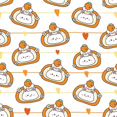 Seamless pattern of cute rabbit roll cake with heart background.Bakery.Sweet and dessert.Carrot.Bunny.Rodent animal character cartoon.Kawaii.Illustration.