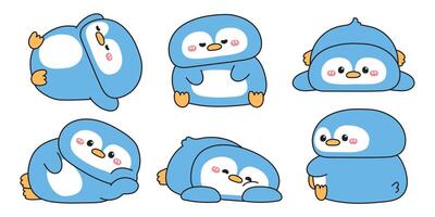 Set of cute penguin in sleeping and lay down poses.Relax.Lazy.Polar bird animal character cartoon design.Image for baby product,sticker,print screen.Kawaii.Illustration. vector