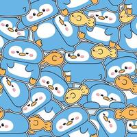 Seamless pattern of cute penguin in sleeping and lay down poses with fish sticker background.Relax.Lazy.Polar bird animal character cartoon design.Image for baby product,clothing,print screen.Kawaii. vector