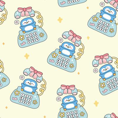 Seamless pattern of cute penguin stay on classic retro telephone desk pastel background.Kid graphic.Big bow,star,heart,hello text hand drawn.Polar bird animal character cartoon.Kawaii.