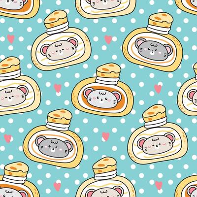 Seamless pattern of cute rat mouse cheese roll cake with heart background.Bakery.Sweet and dessert.Rodent animal character cartoon.Kawaii.Illustration.