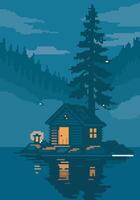 pixel art view of house in the middle of the lake vector