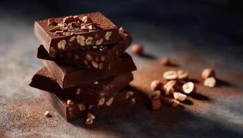 Dark chocolate squares with hazelnuts. Layers of rich dark chocolate, studded with crunchy hazelnuts, creating a visually appealing stack photo