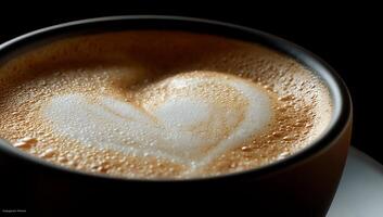 Close-up of a heart-shaped latte art. A creamy, frothy cappuccino with a delicate heart design atop photo