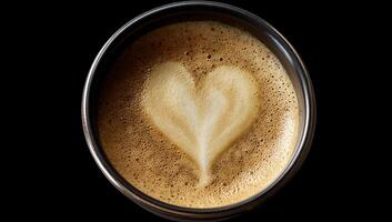 Heart-shaped latte art on top of a dark-colored cup of coffee photo