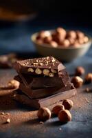 A stack of chocolate bars with nuts on a dark background photo