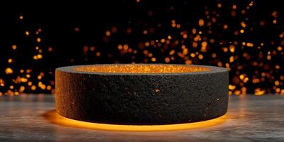 Dark, textured circular platform with glowing rim, set against a backdrop of warm, diffused light photo