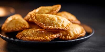 A bowl of fried pastries on a black table photo