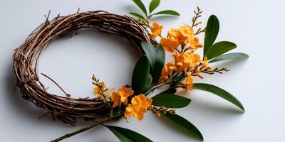 Rustic wreath with vibrant blooms photo