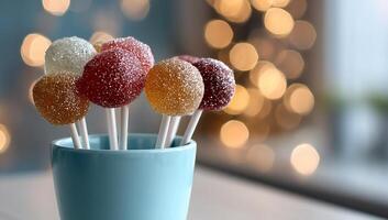 A cup filled with lollipops on a table photo