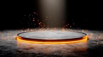 Sleek, circular, concrete podium, illuminated by warm, golden light. Sparkling particles drift around the base, creating a futuristic, dynamic effect photo