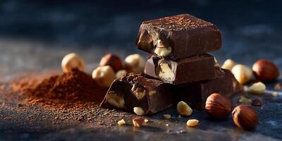 Chocolate and nuts on a dark surface photo