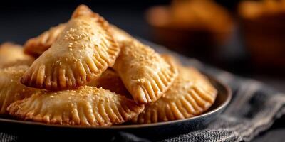 A bowl of baked empanadas on a table photo