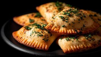 A plate of baked pastries with herbs on top photo