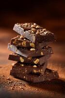 Stacked chocolate bars with nuts. A delectable stack of dark chocolate bars, studded with crunchy nuts, resting on a bed of cocoa powder photo
