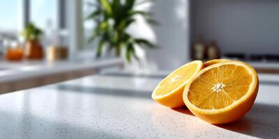 Freshly Sliced Oranges on a Modern Kitchen Counter photo