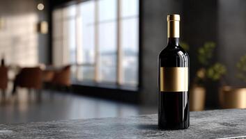 A bottle of red wine sits on a modern countertop, overlooking a stylish interior photo