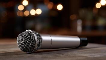 A silver microphone rests on a wooden surface, against a blurred background of warm, ambient lights photo