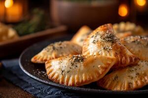 Golden, savory pastries, piled high on a dark plate, ready to be enjoyed photo