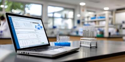 Laptop displaying scientific data in a lab setting photo