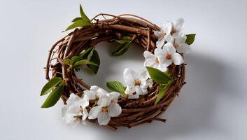 Delicate spring wreath of twigs and blossoms. A circular arrangement of light brown twigs forms a frame for small, white flowers and leaves photo