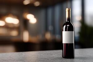 A bottle of red wine on a countertop, in a dimly lit interior setting photo