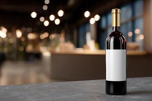 A wine bottle on a table in front of a restaurant photo
