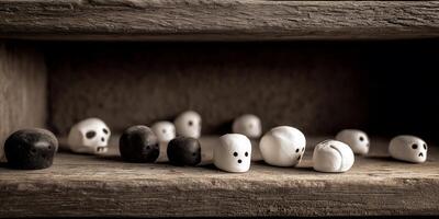 Miniature skulls and ghosts on a wooden shelf photo